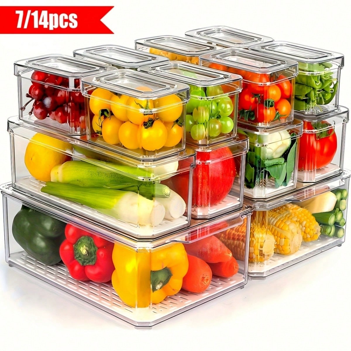 Food Storage Vegetables - 7/14-delige stapelbare koelkastopbergbakken met deksels, ruimtebesparende
