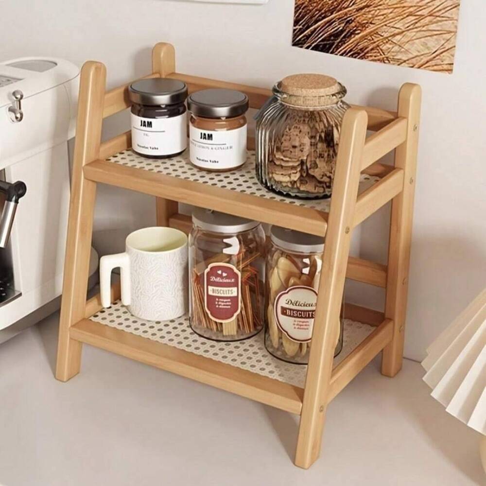 Food Storage Shelving - 2-laags bamboe aanrechtblad opbergrek, houten bureau-organizer,
