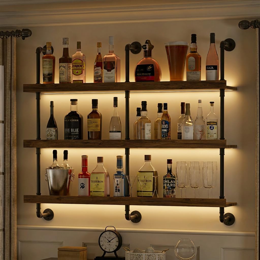 Food Storage Shelving - Wandgemonteerd wijnrek met LED-verlichting, drie lagen